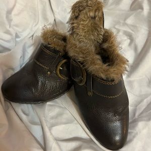 Brown faux fur lined mules